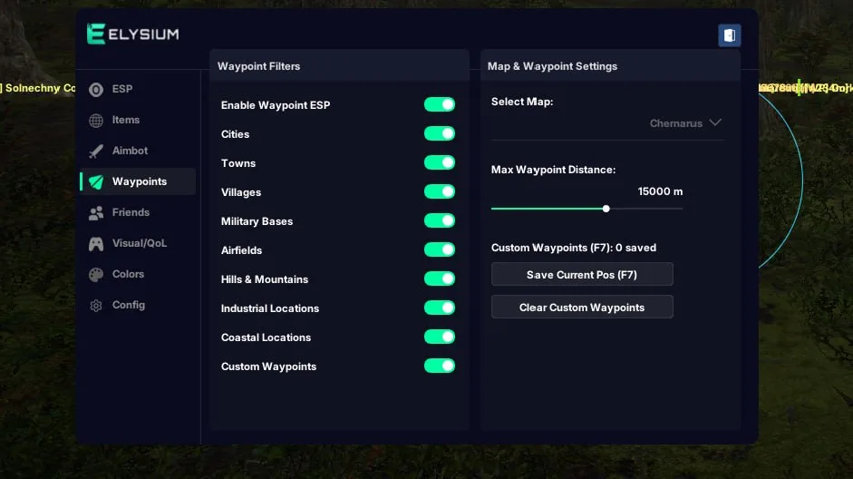 DayZ waypoint ESP marking military bases, airfields and towns